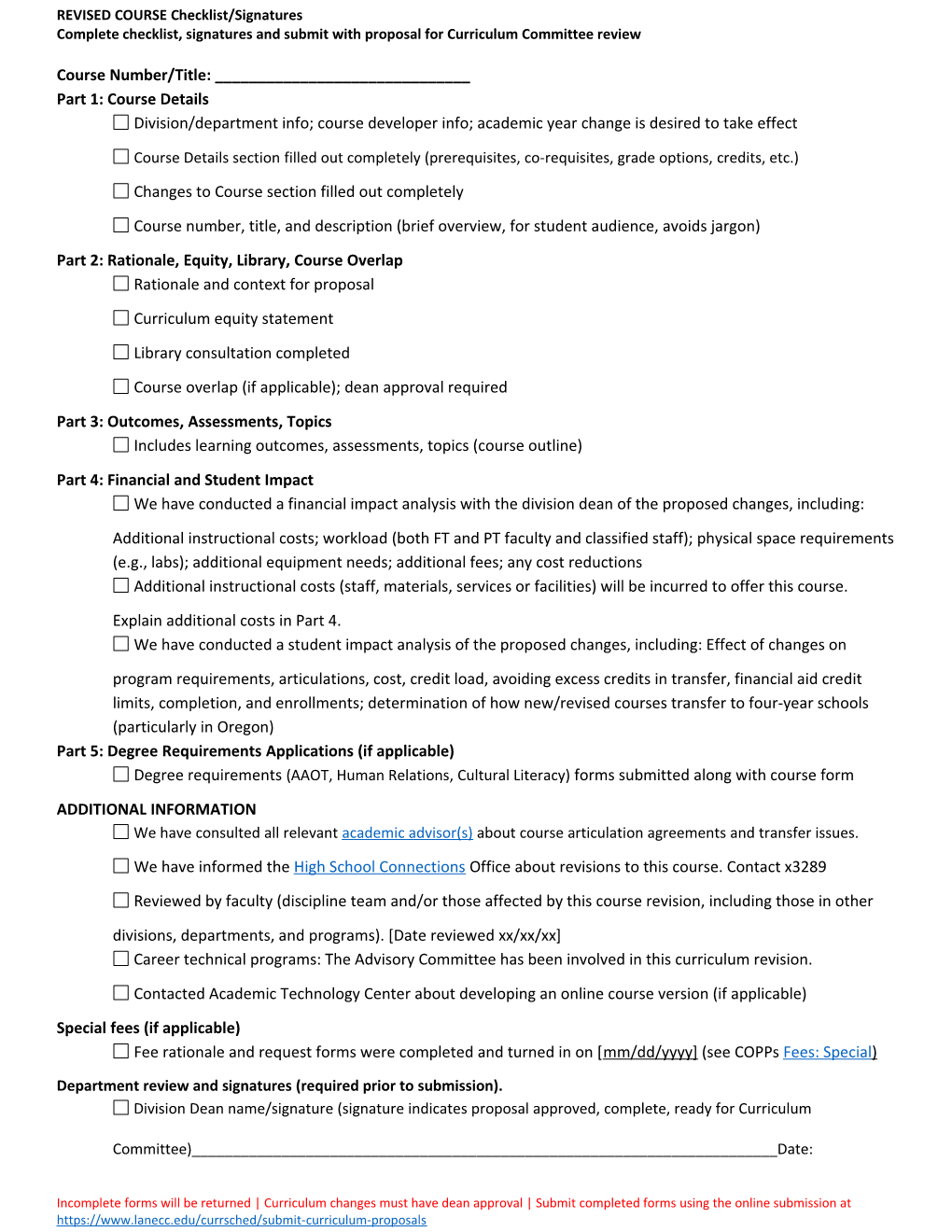 REVISED COURSE Checklist:Complete Checklist Prior to Submitting Proposals for Curriculum