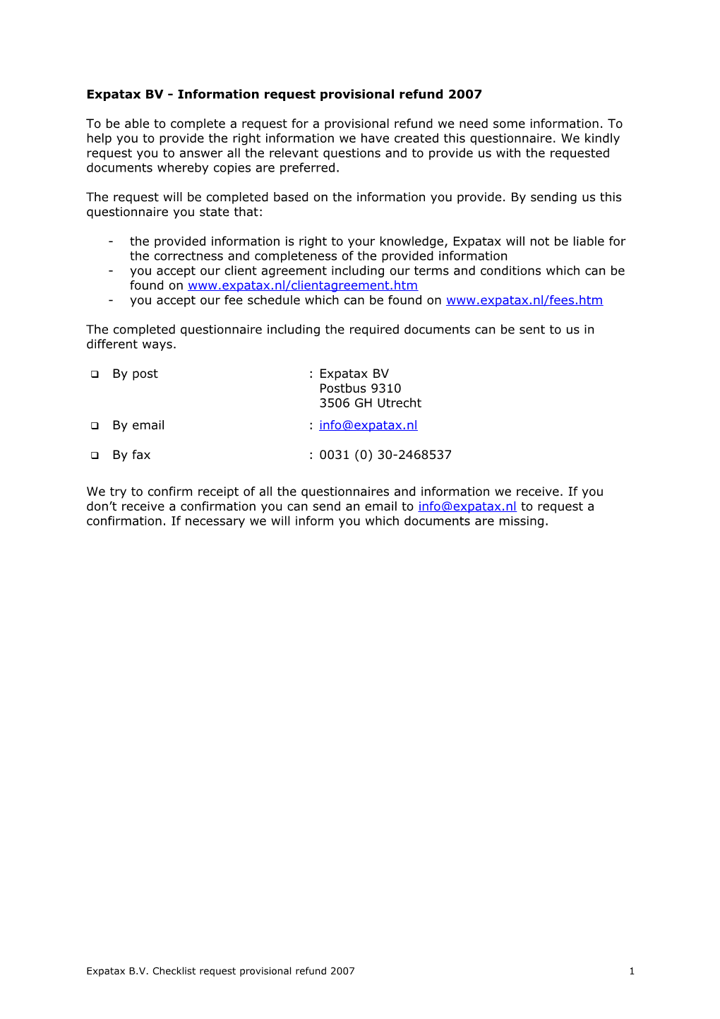 Expatax BV - Information Request Provisional Refund 2007