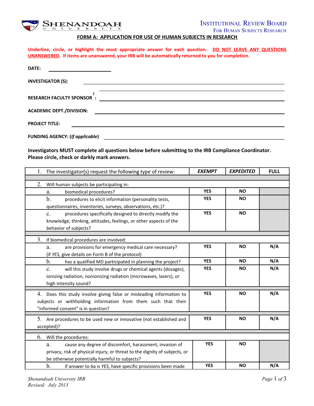 Form A: Application for Use of Human Subjects in Research