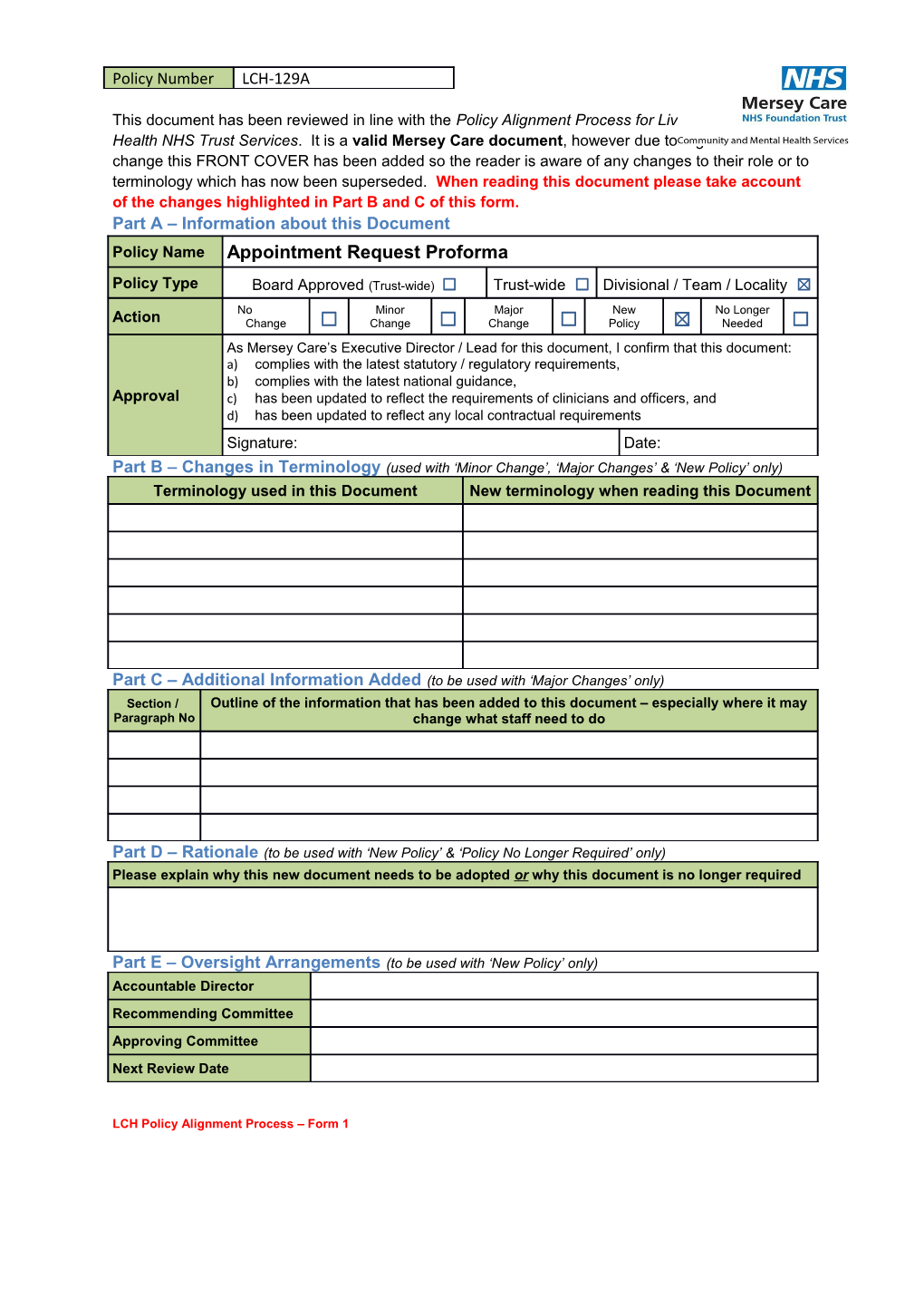 Policy 129A Appointment Request Proforma