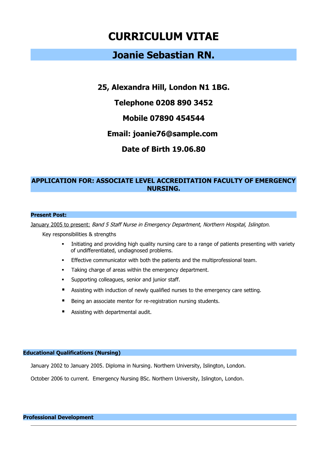 Application For: Associate Level Accreditation Faculty of Emergency Nursing