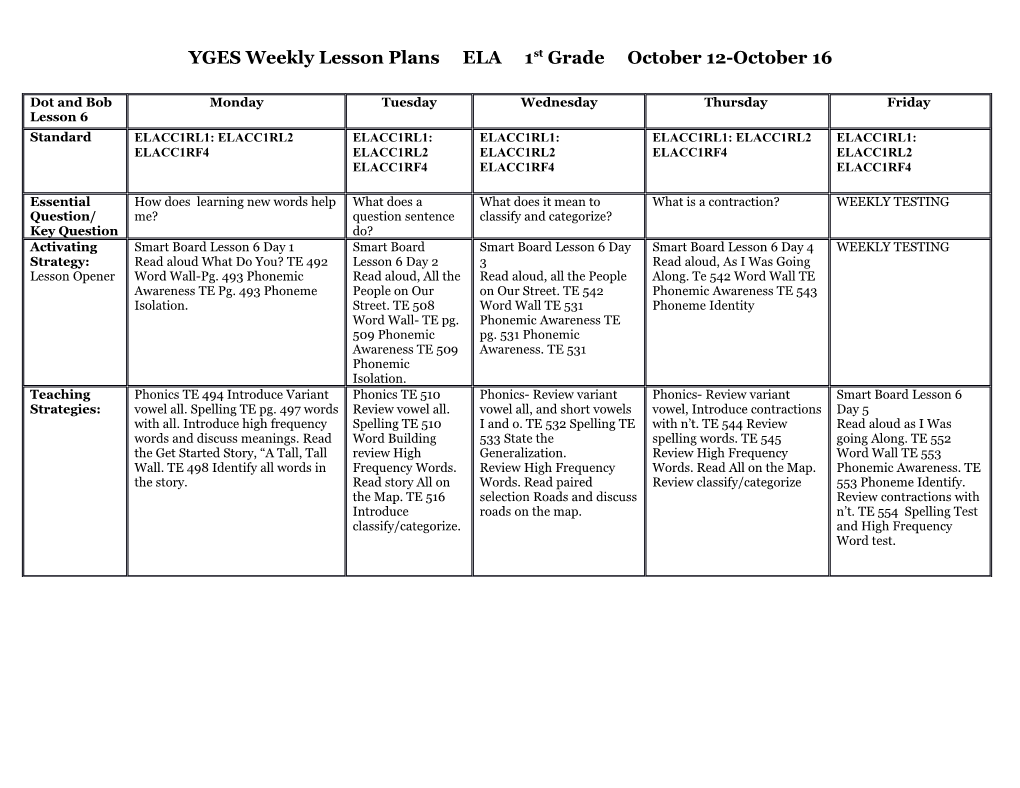 YGES Weekly Lesson Plans ELA 1St Grade October 12-October 16