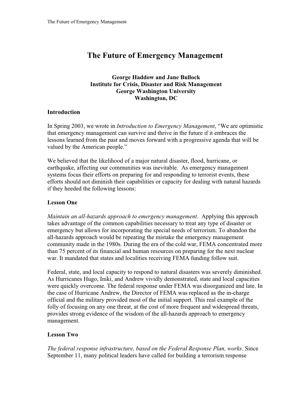 The Future of Emergency Management