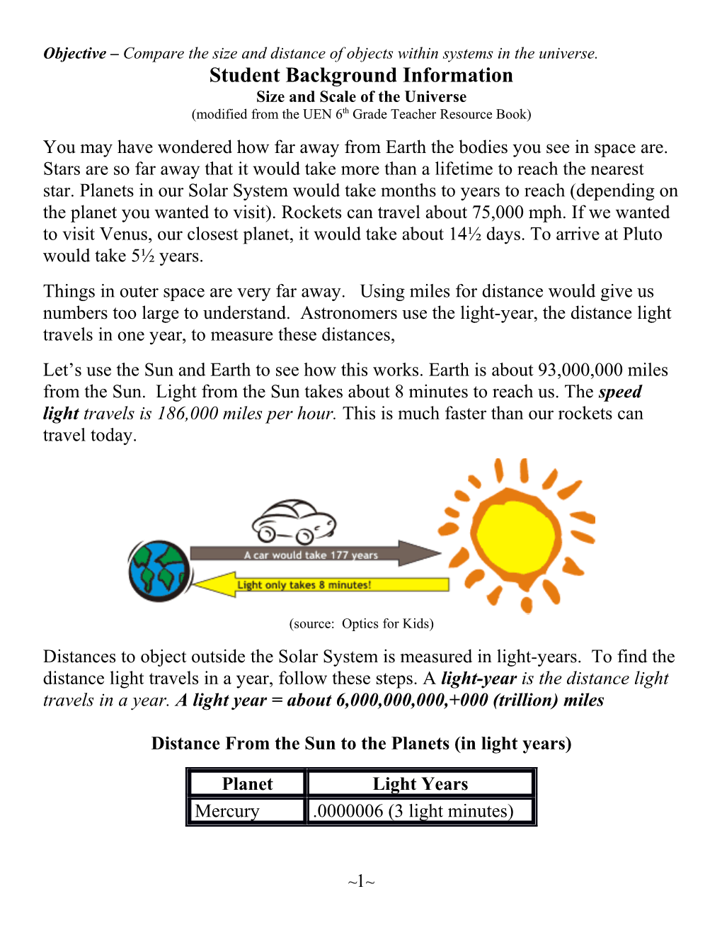 Objective Compare the Size and Distance of Objects Within Systems in the Universe