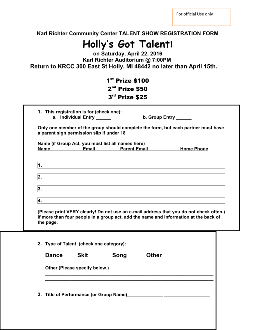 Grover Middle School Talent Show Registration Form