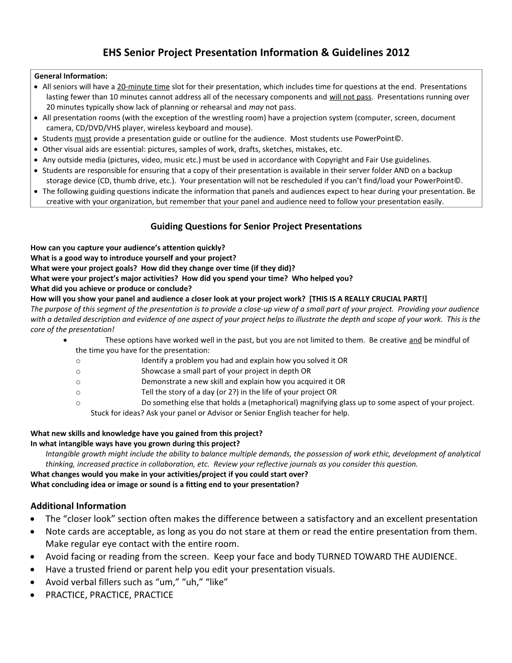 Suggested Senior Project Speech Outline (20 Minute Time Slot)