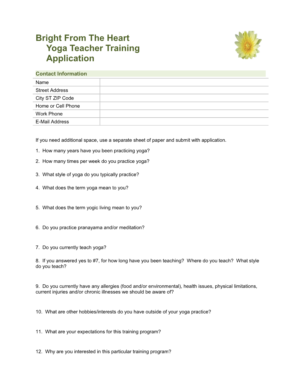 Bright from the Heart Yoga Teacher Training Application