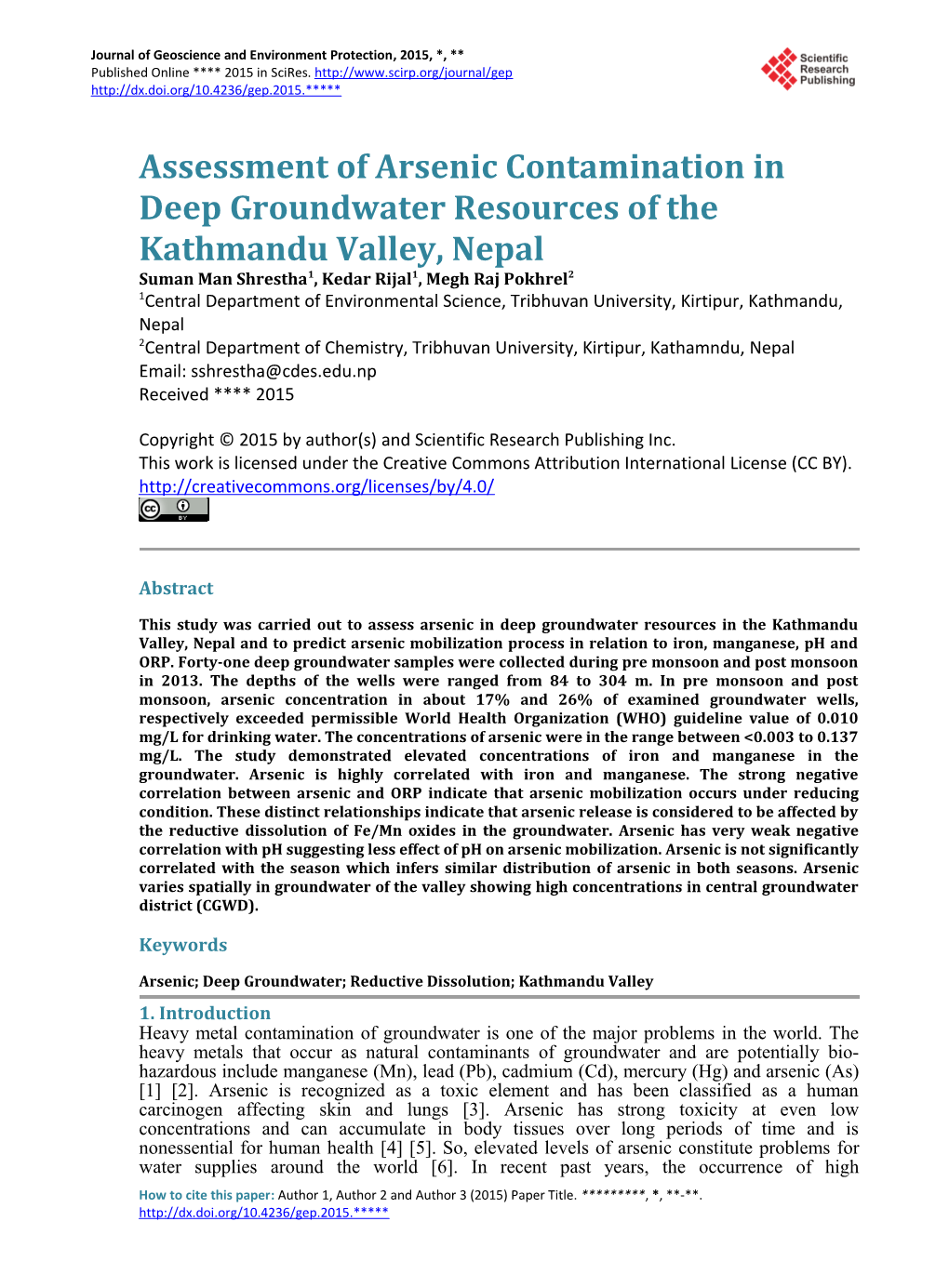 Assessment of Arsenic Contamination in Deep Groundwater Resources of the Kathmandu Valley