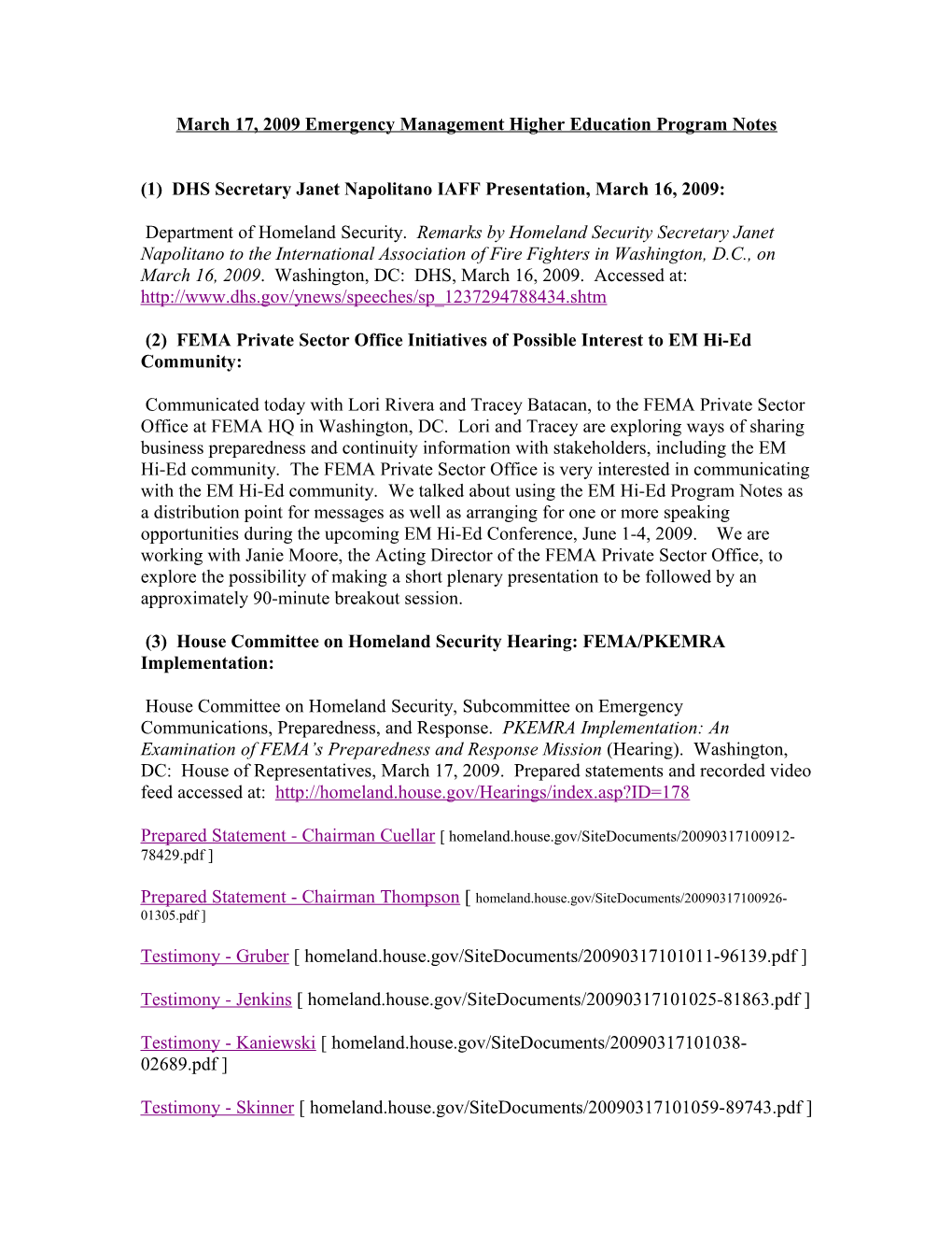 March 17, 2009 Emergency Management Higher Education Program Notes