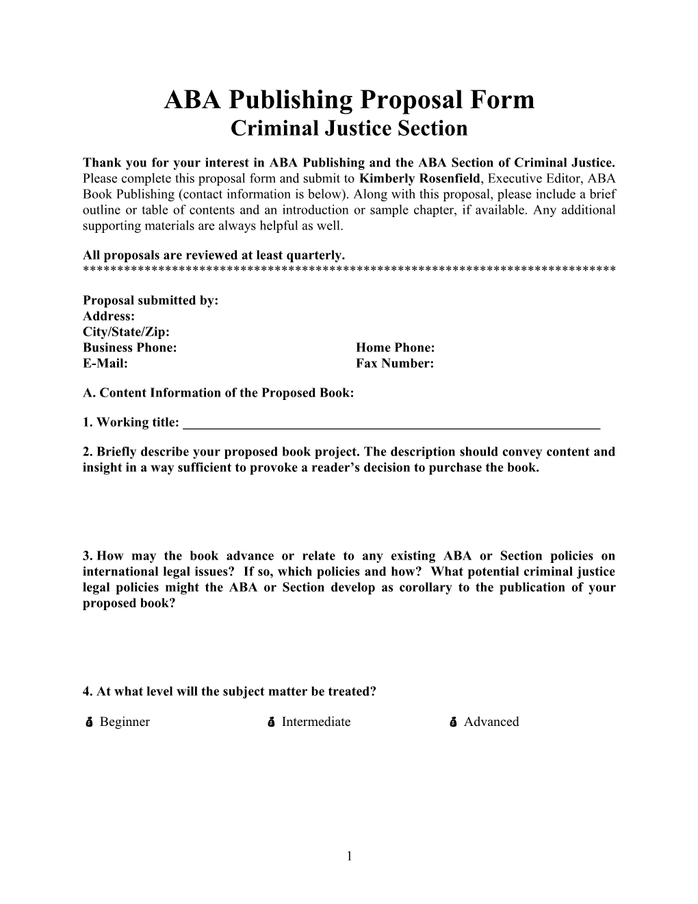 ABA Publishing Proposal Form Criminal Justice Section
