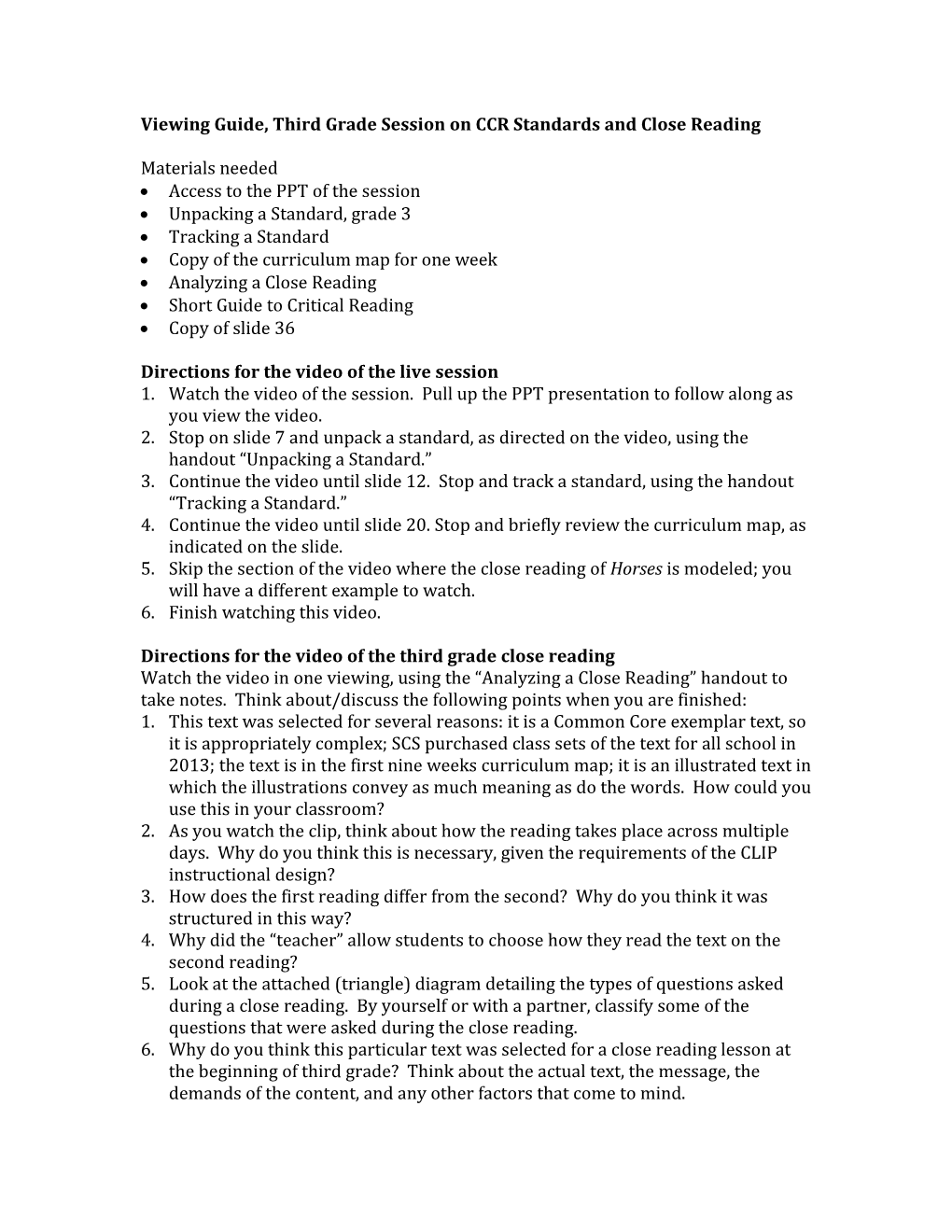 Viewing Guide, Third Grade Session on CCR Standards and Close Reading