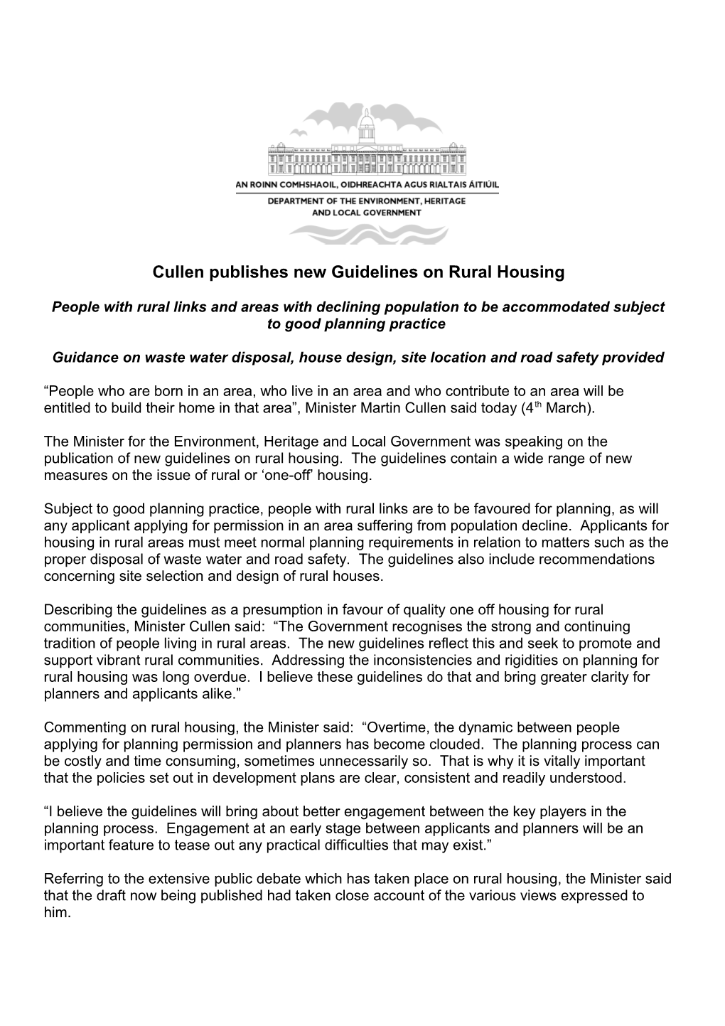Cullen Publishes New Guidelines on Rural Housing