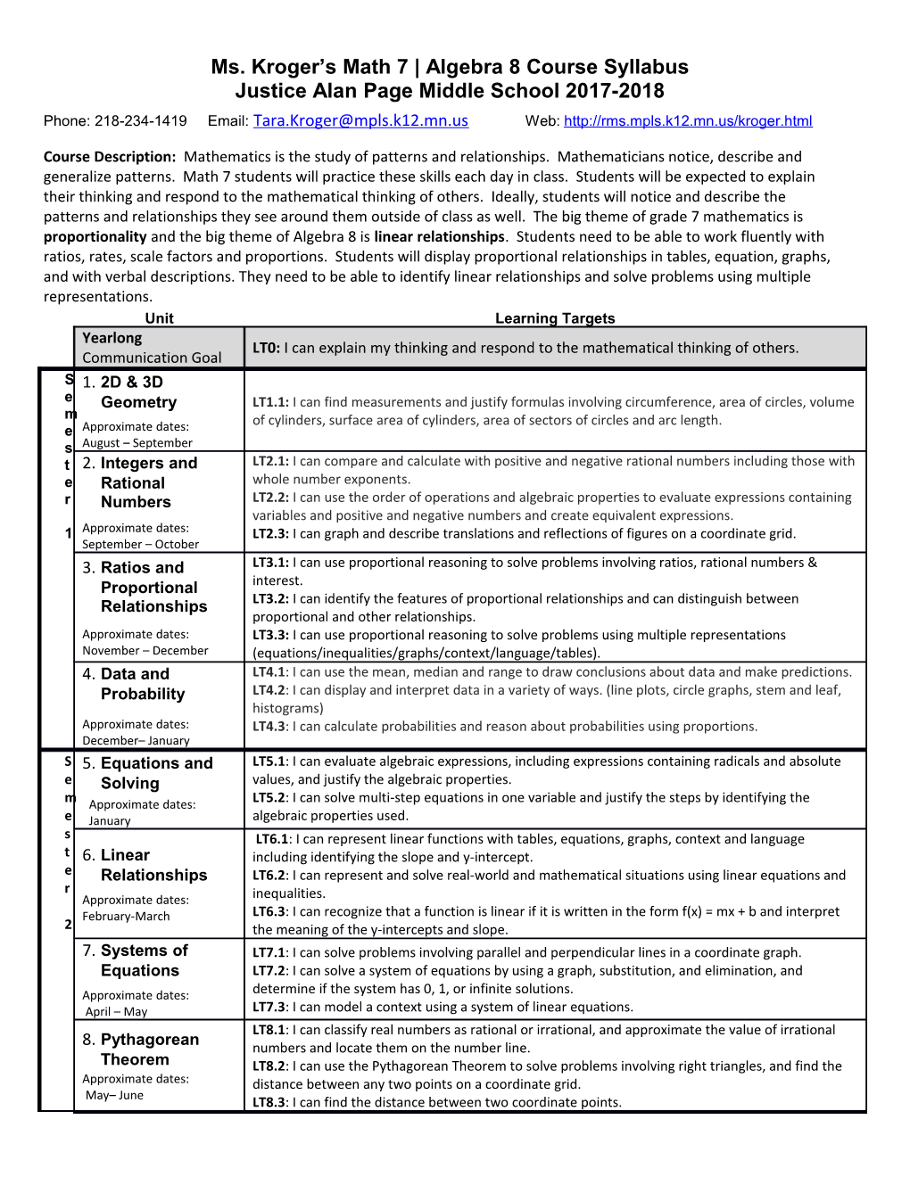 Ms. Kroger S Math 7 Algebra 8 Course Syllabus