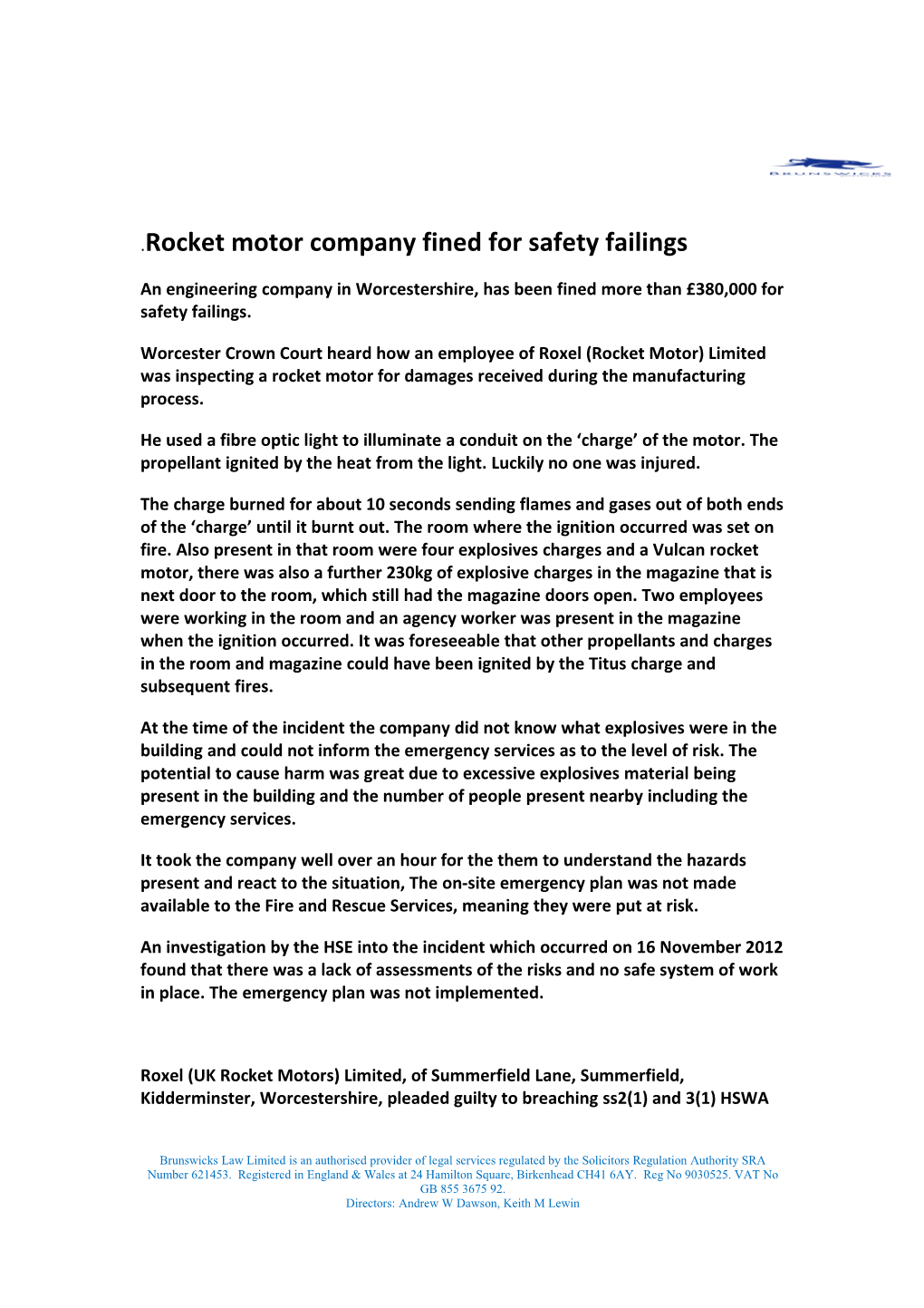 Rocket Motor Company Fined for Safety Failings