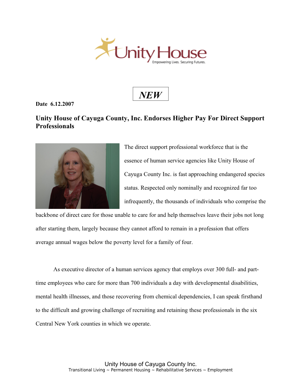 Unity House of Cayuga County, Inc. Endorses Higher Pay for Direct Support Professionals