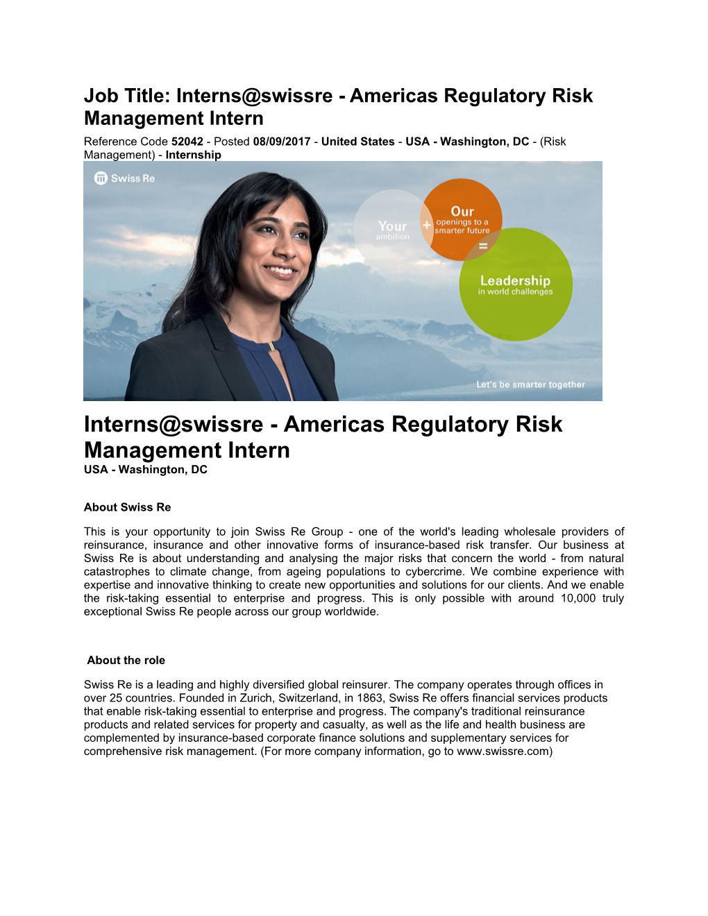 Job Title: Interns Swissre - Americas Regulatory Risk Management Intern