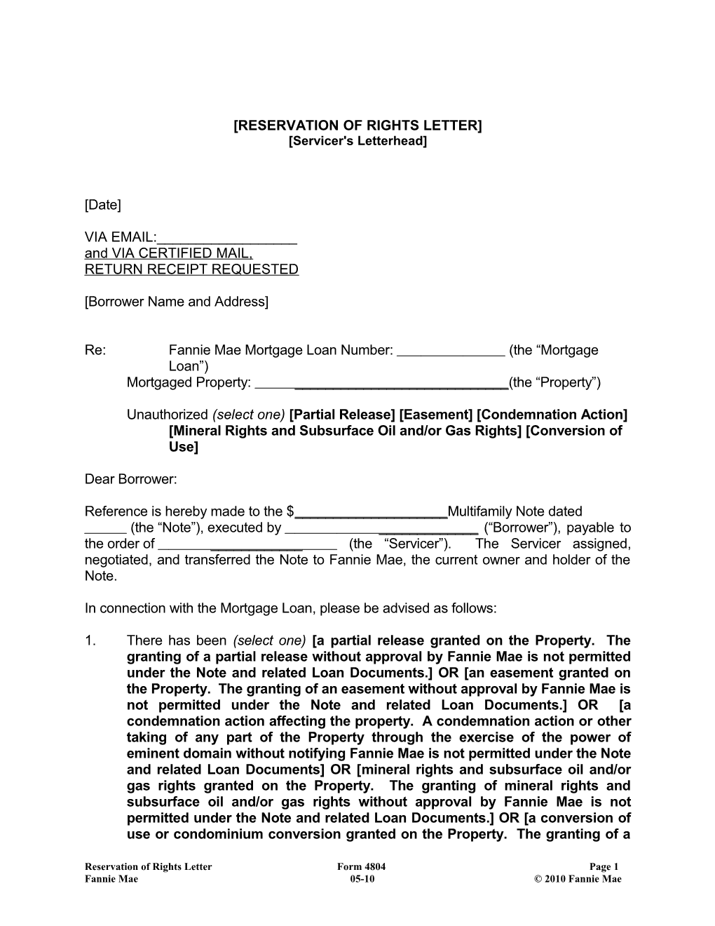 Multifamily Form 4804 Reservation of Rights Letter