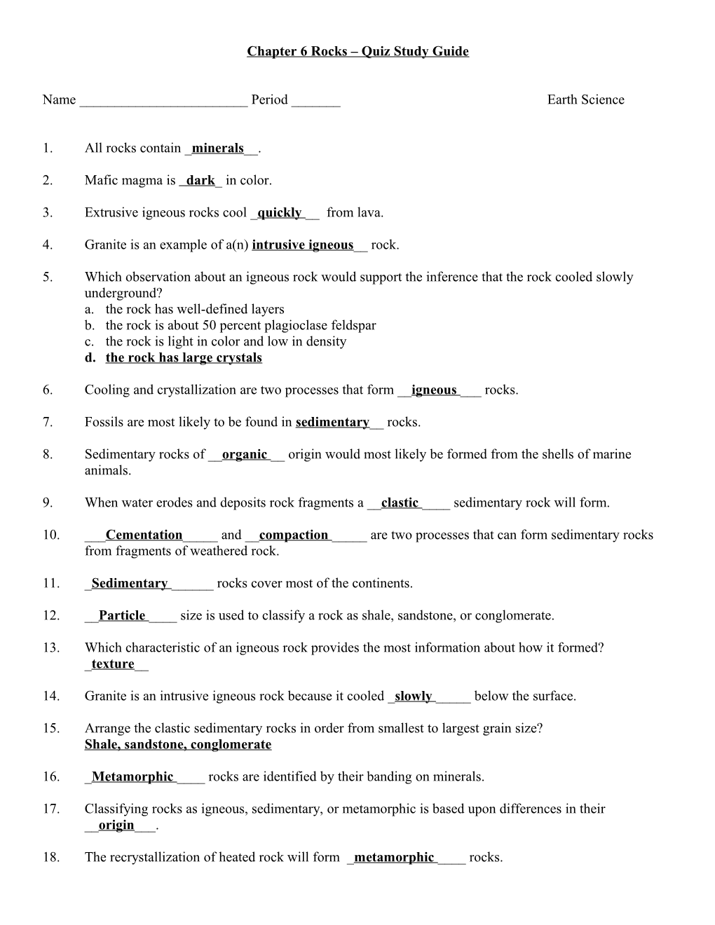 Quiz- Igneous and Sedimentary Rocks