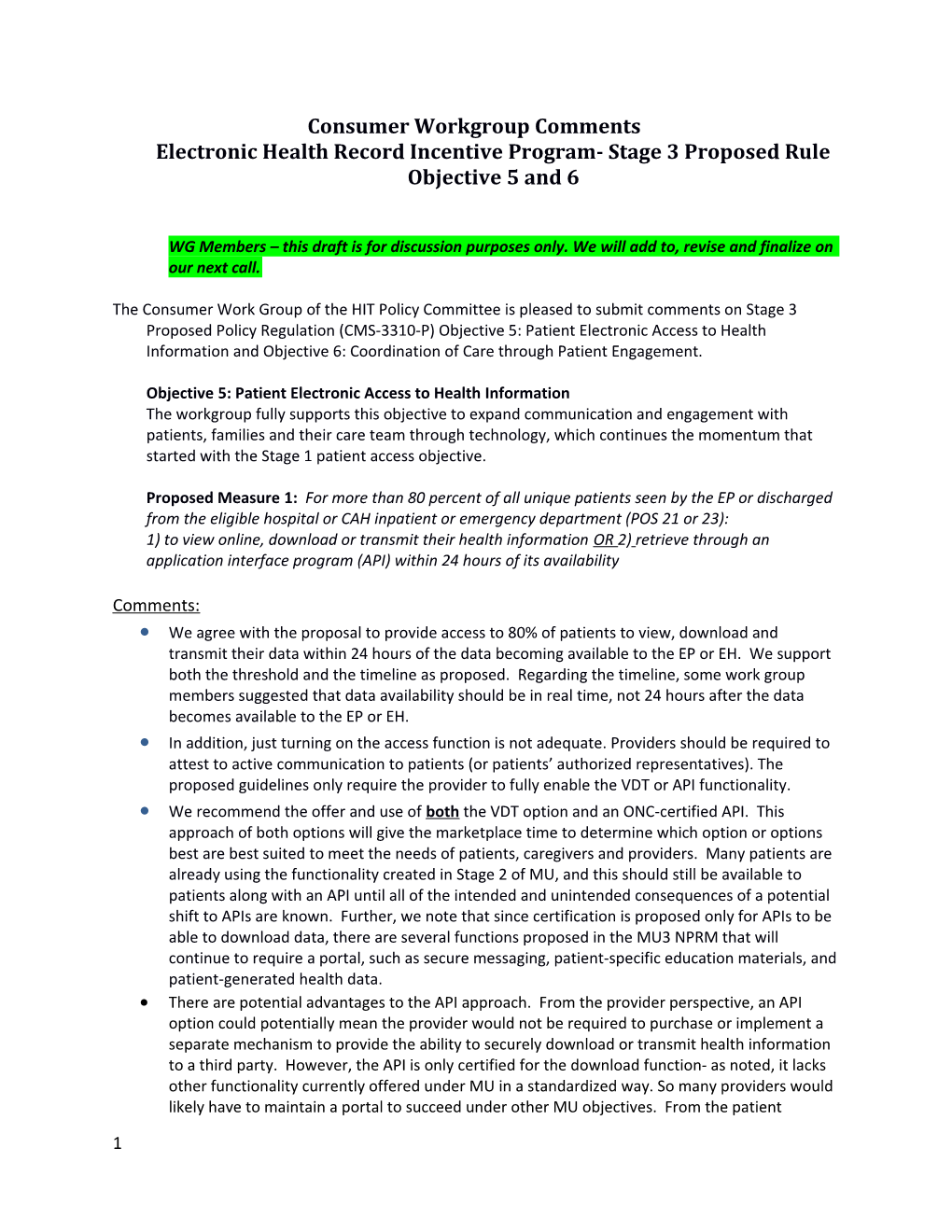 Consumer Workgroup Comments Electronic Health Record Incentive Program- Stage 3 Proposed