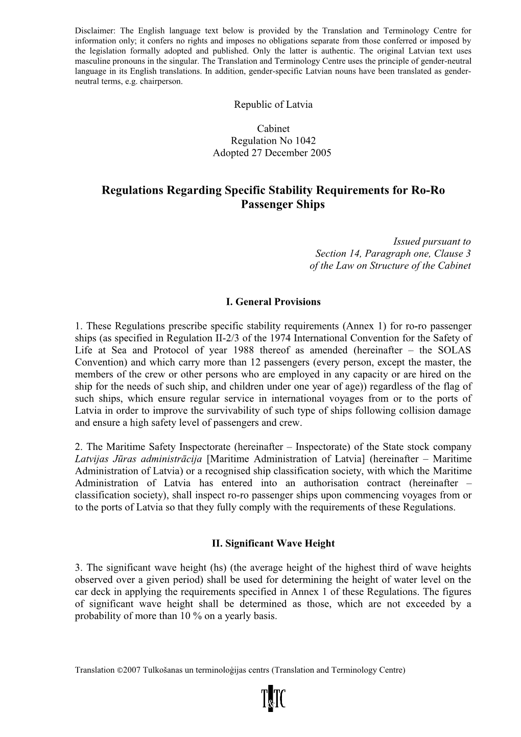 Regulations Regarding Specific Stability Requirements for Ro-Ro Passenger Ships