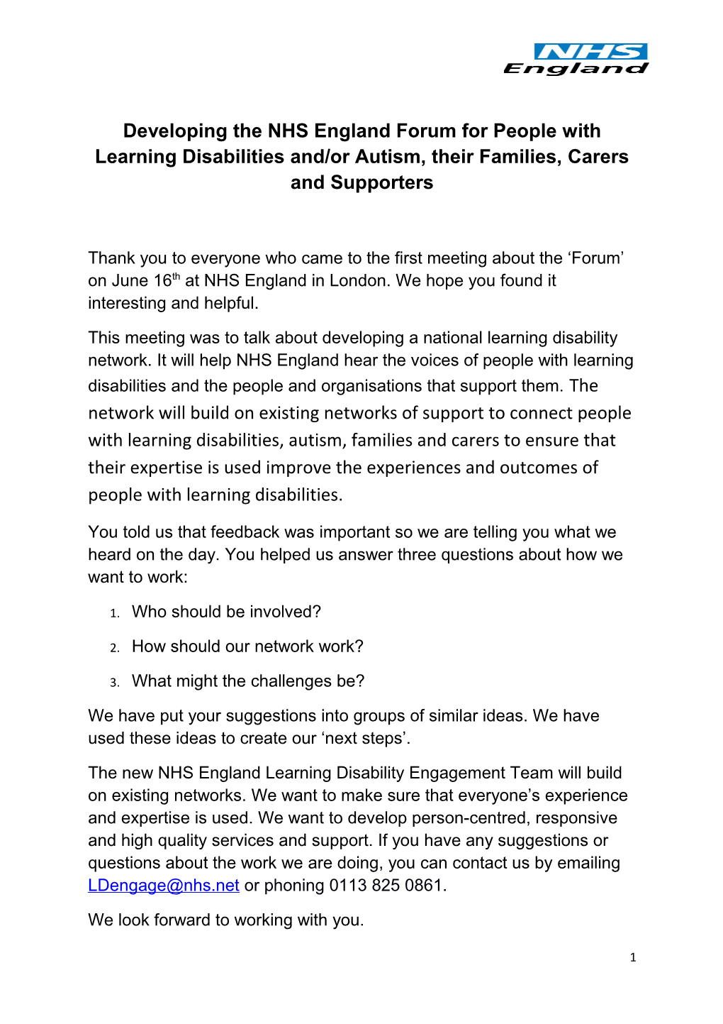 Developing the NHS England Forum for People with Learning Disabilities And/Or Autism