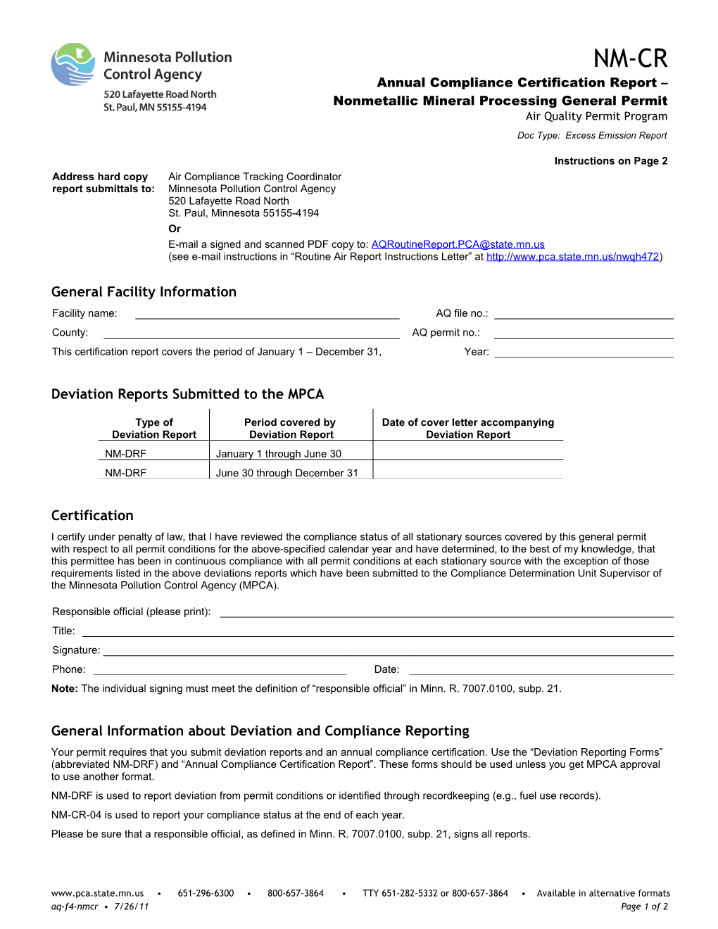 NM-CR Annual Compliance Certification Report - Nonmetallic Mineral Processing General Permit