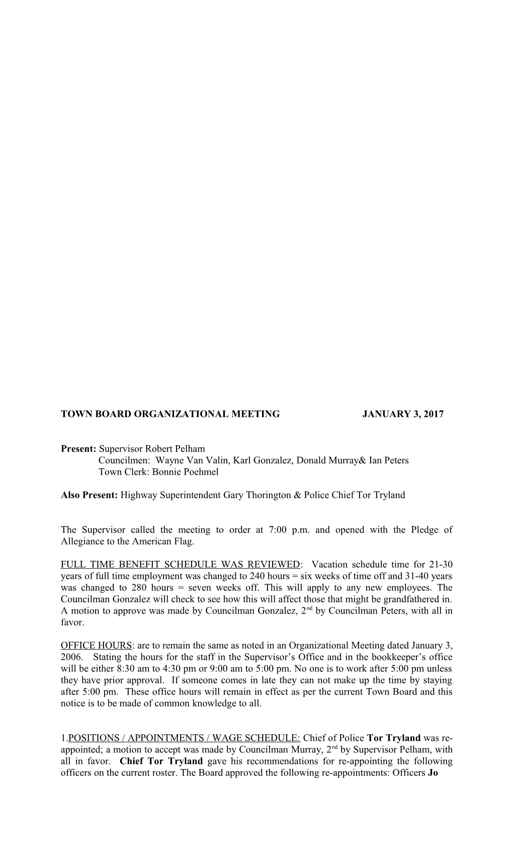 Town Board Organizational Meetingjanuary 3, 2017