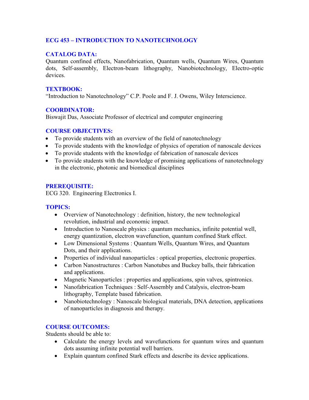 Ecg 453 Introduction to Nanotechnology