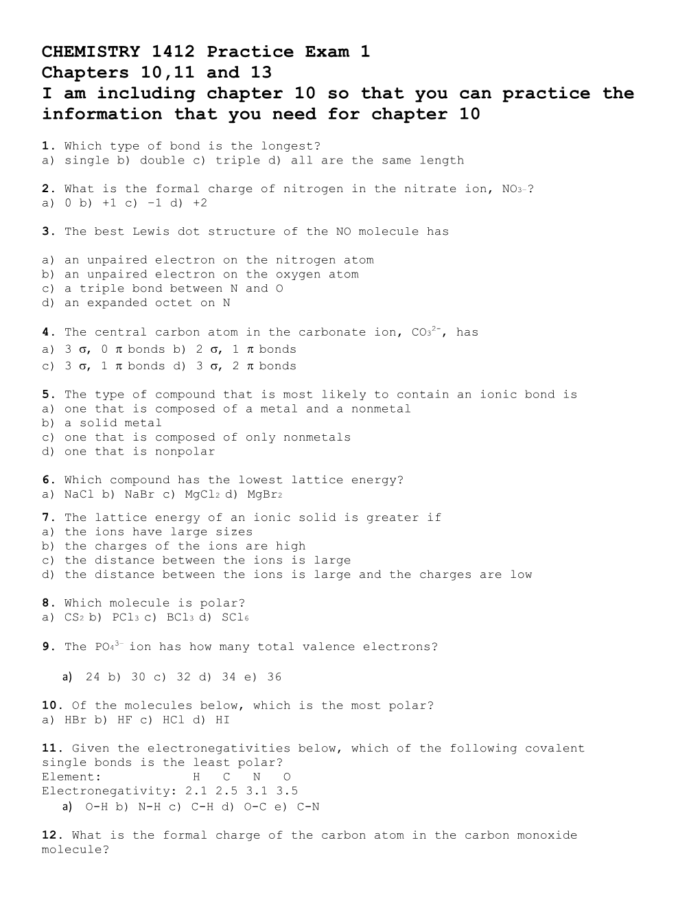 CHEMISTRY 1412 Practice Exam 1