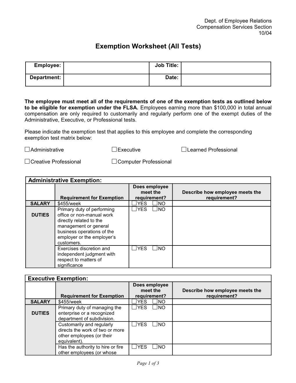 Exemption Worksheet (All Tests)