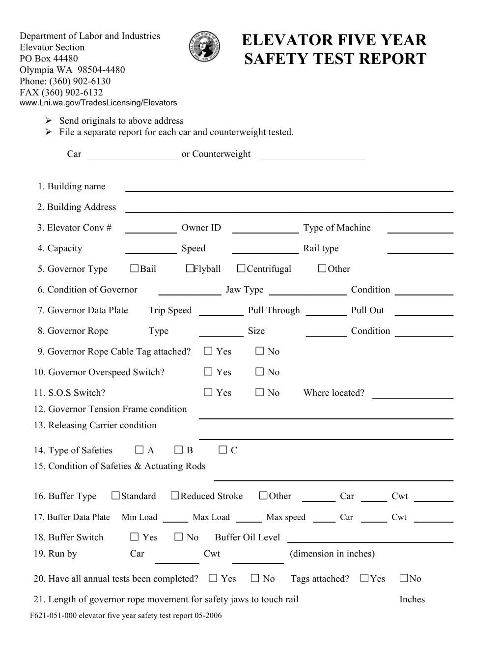 Elevator Five Year Safety Test Report