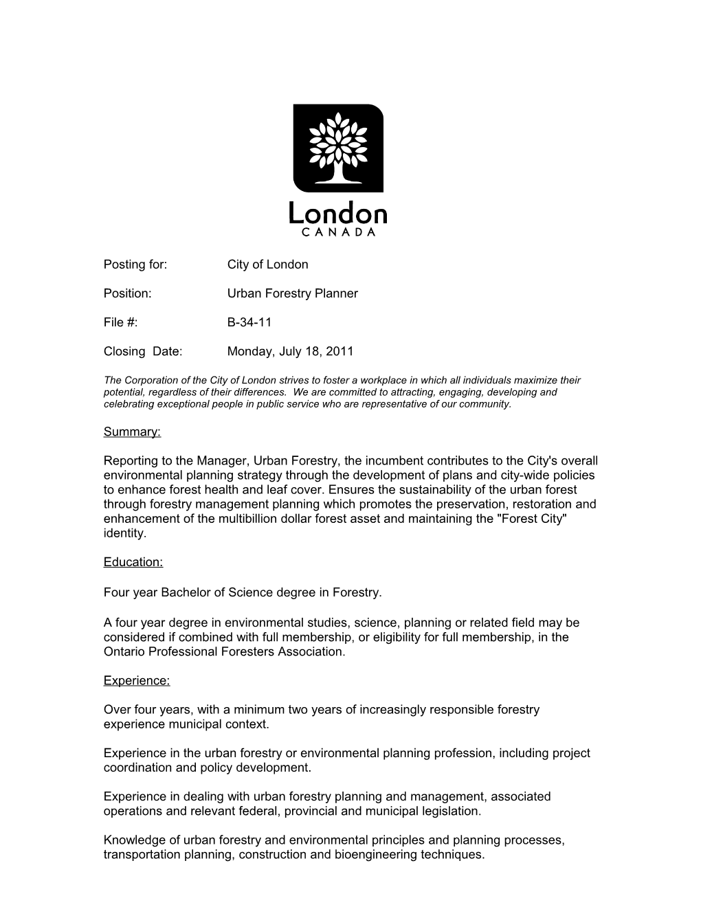 Posting For:City of London