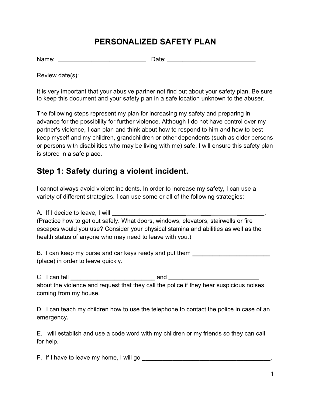 Safety Planning Resources - Personalized Safety Planning Template