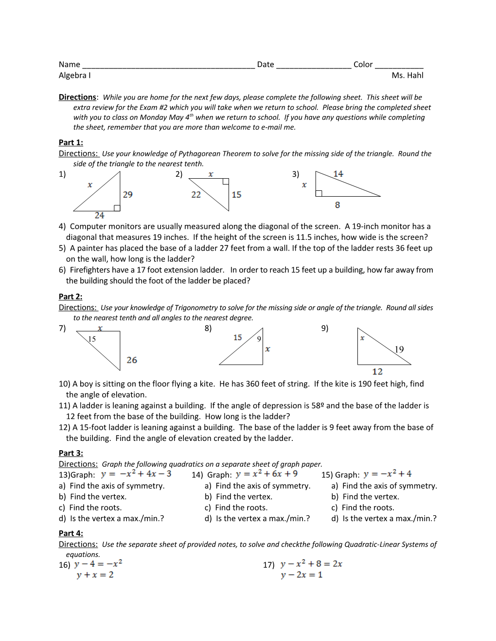 Algebra I Ms. Hahl