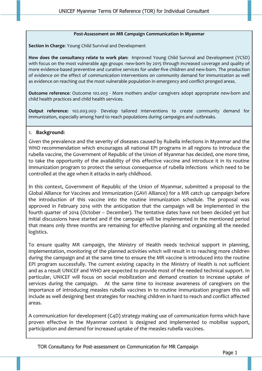 UNICEF Myanmar Terms of Reference (TOR) for Individual Consultant