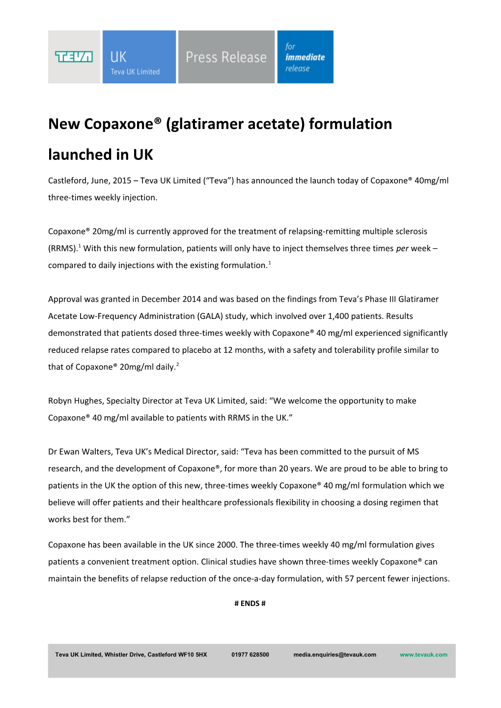 New Copaxone (Glatiramer Acetate) Formulation Launched in UK