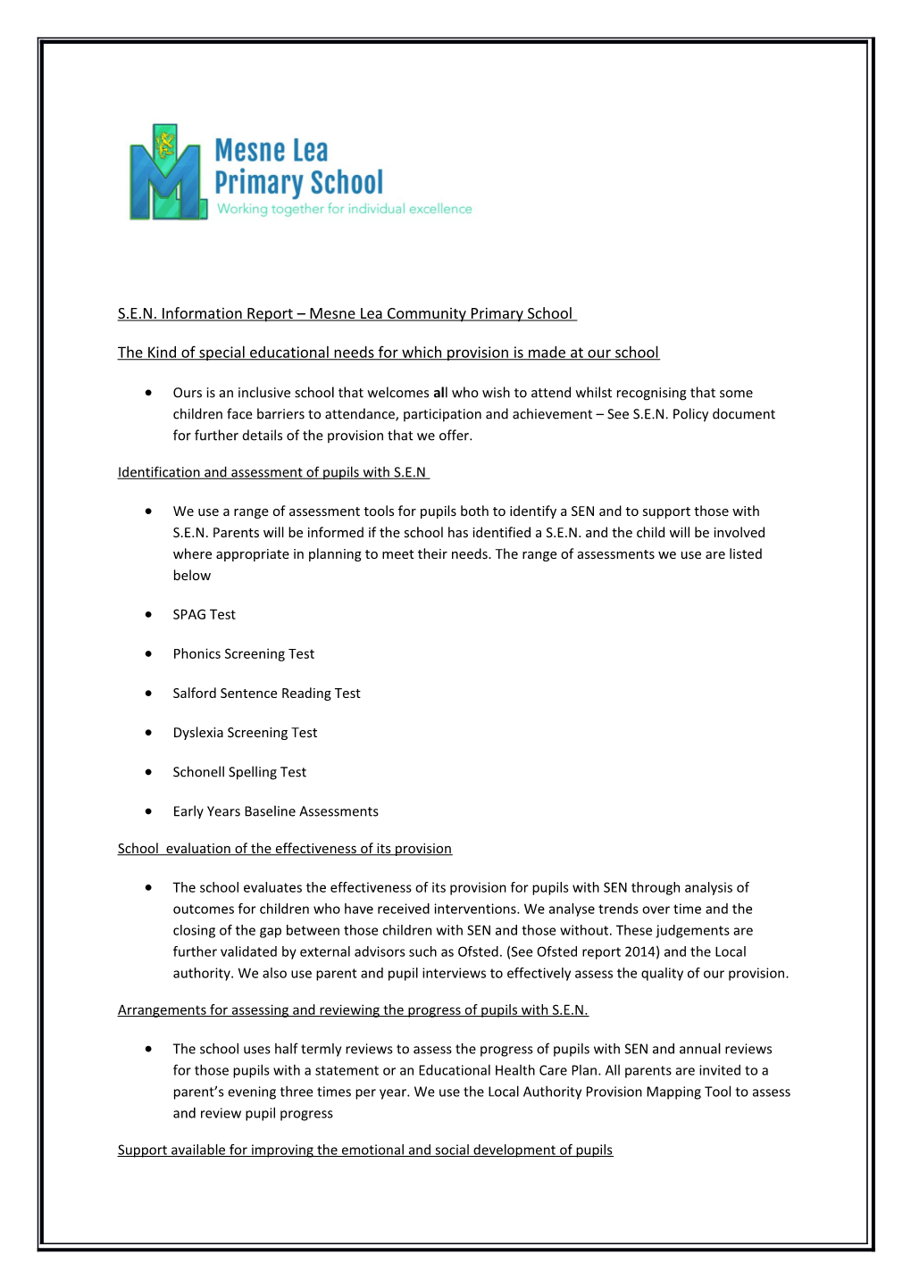 S.E.N. Information Report Mesne Lea Community Primary School