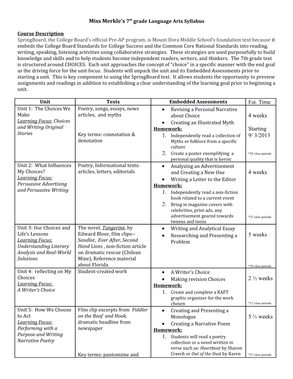 Miss Merkle S7th Grade Language Arts Syllabus