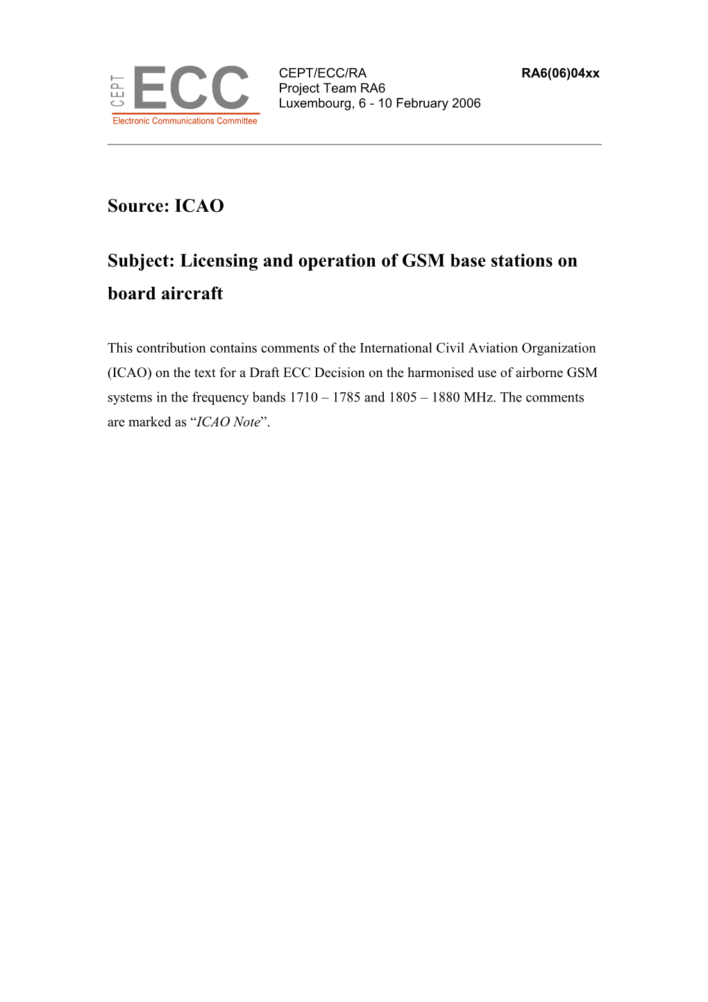 ICAO Comments on the Text for a Draft ECC Decision on the Use of Airborne GSM Systems