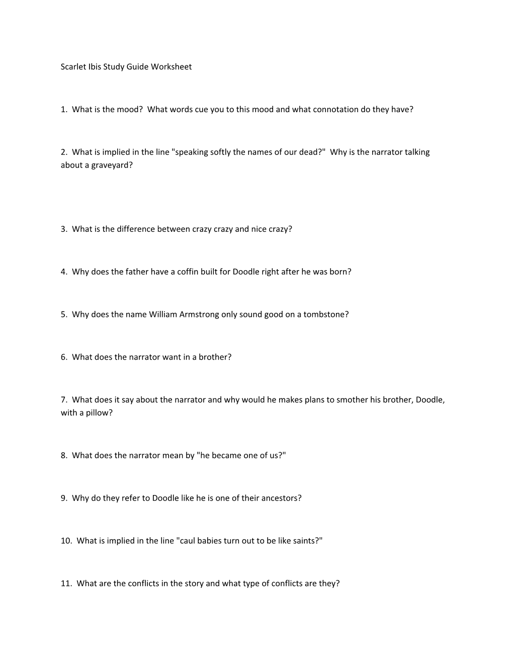 Scarlet Ibis Study Guide Worksheet