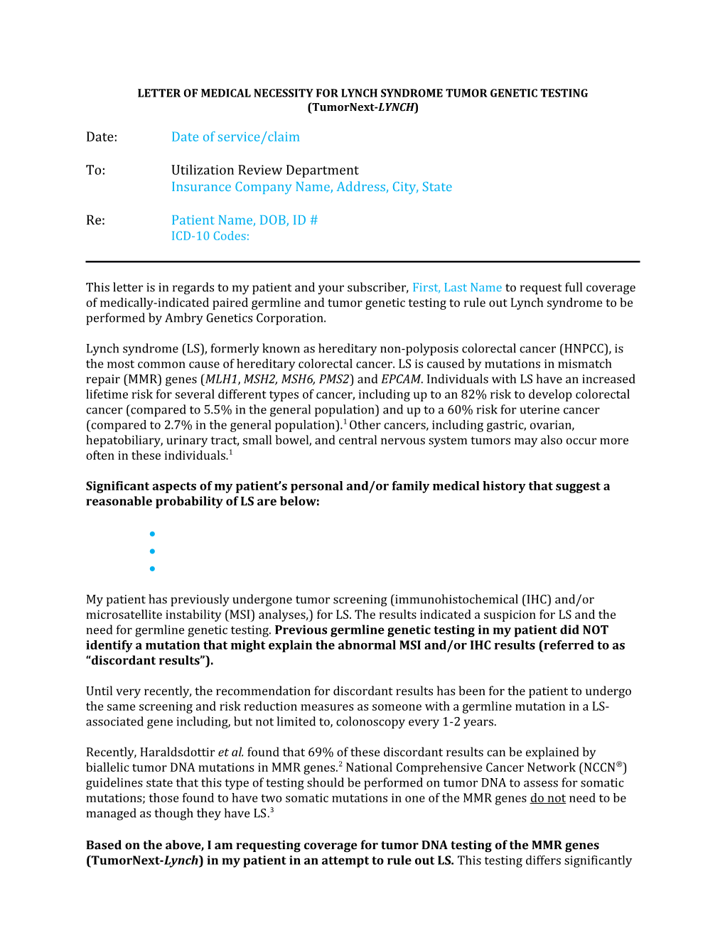 Letter of Medical Necessity for Lynch Syndrome Tumorgenetic Testing