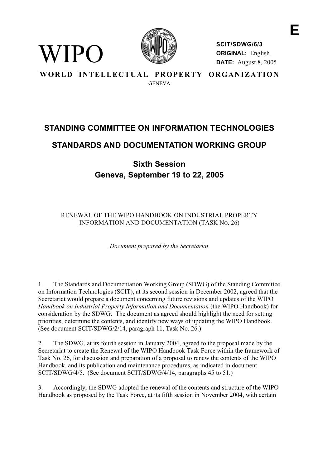 SCIT/SDWG/6/3: Renewal of the WIPO Handbook on Industrial Property Information and Documentation