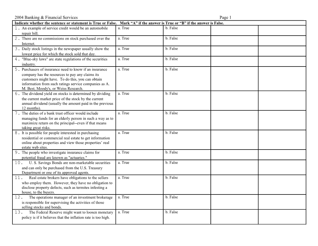 Banking and Financial Services Test 2003