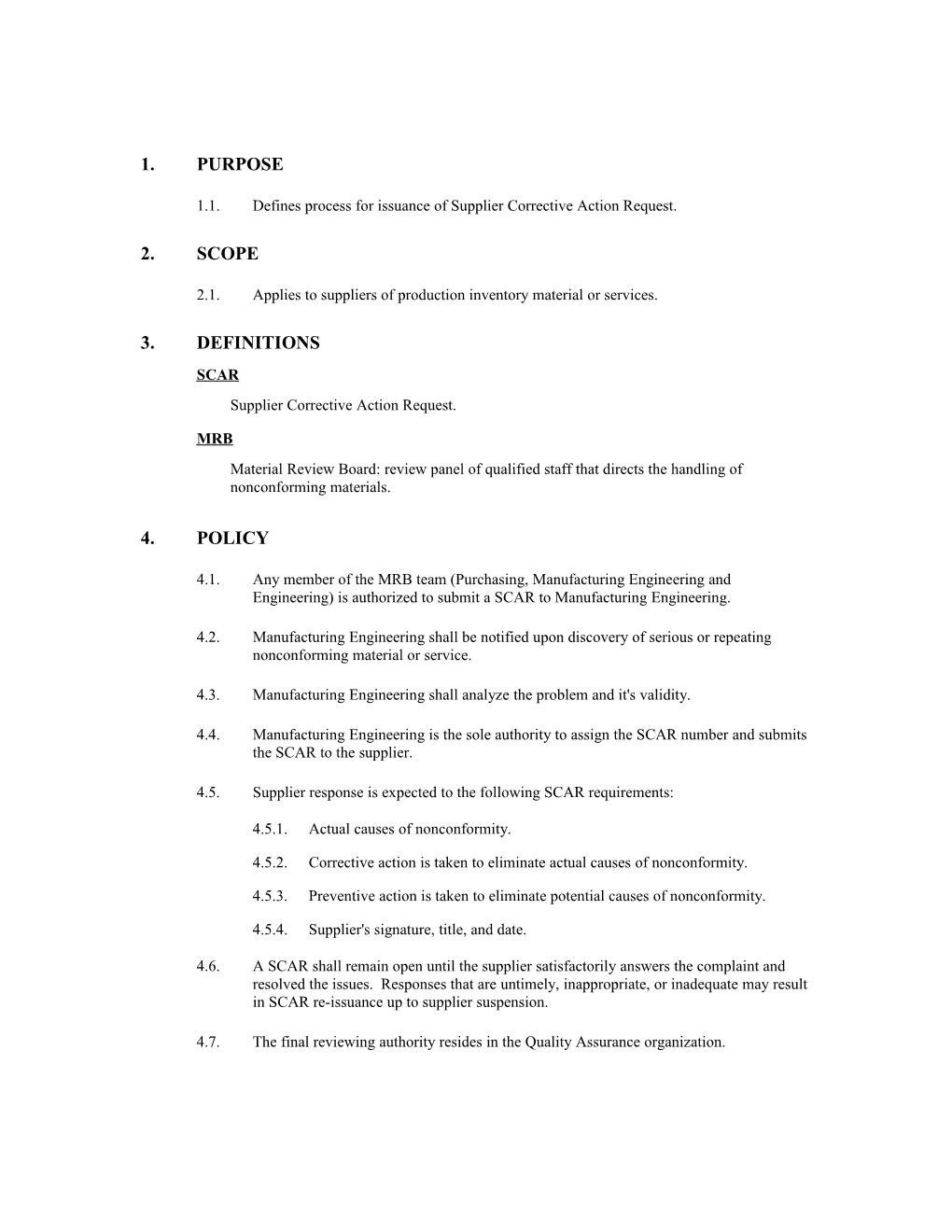 1.1.Defines Process for Issuance of Supplier Corrective Action Request