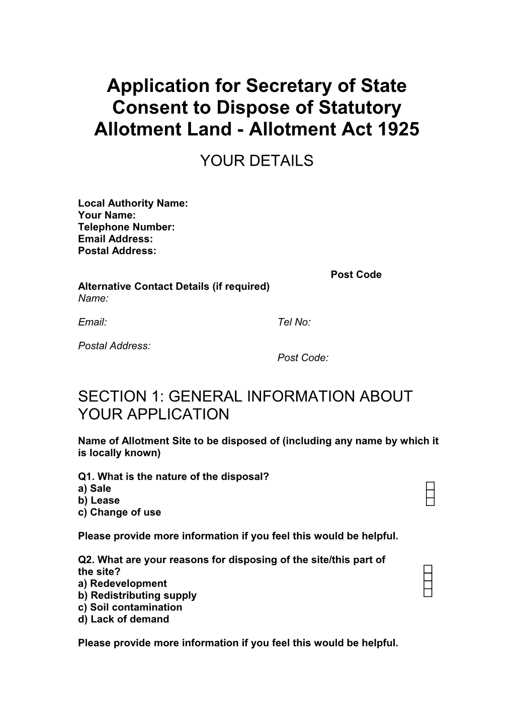 Application for Secretary of State Consent to Dispose of Statutory Allotment Land