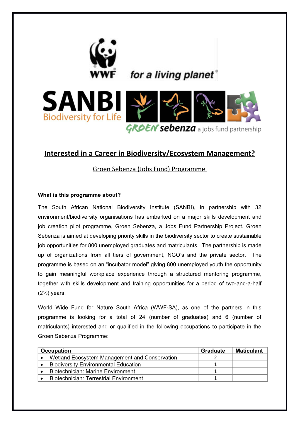 Interested in a Career in Biodiversity/Ecosystem Management?