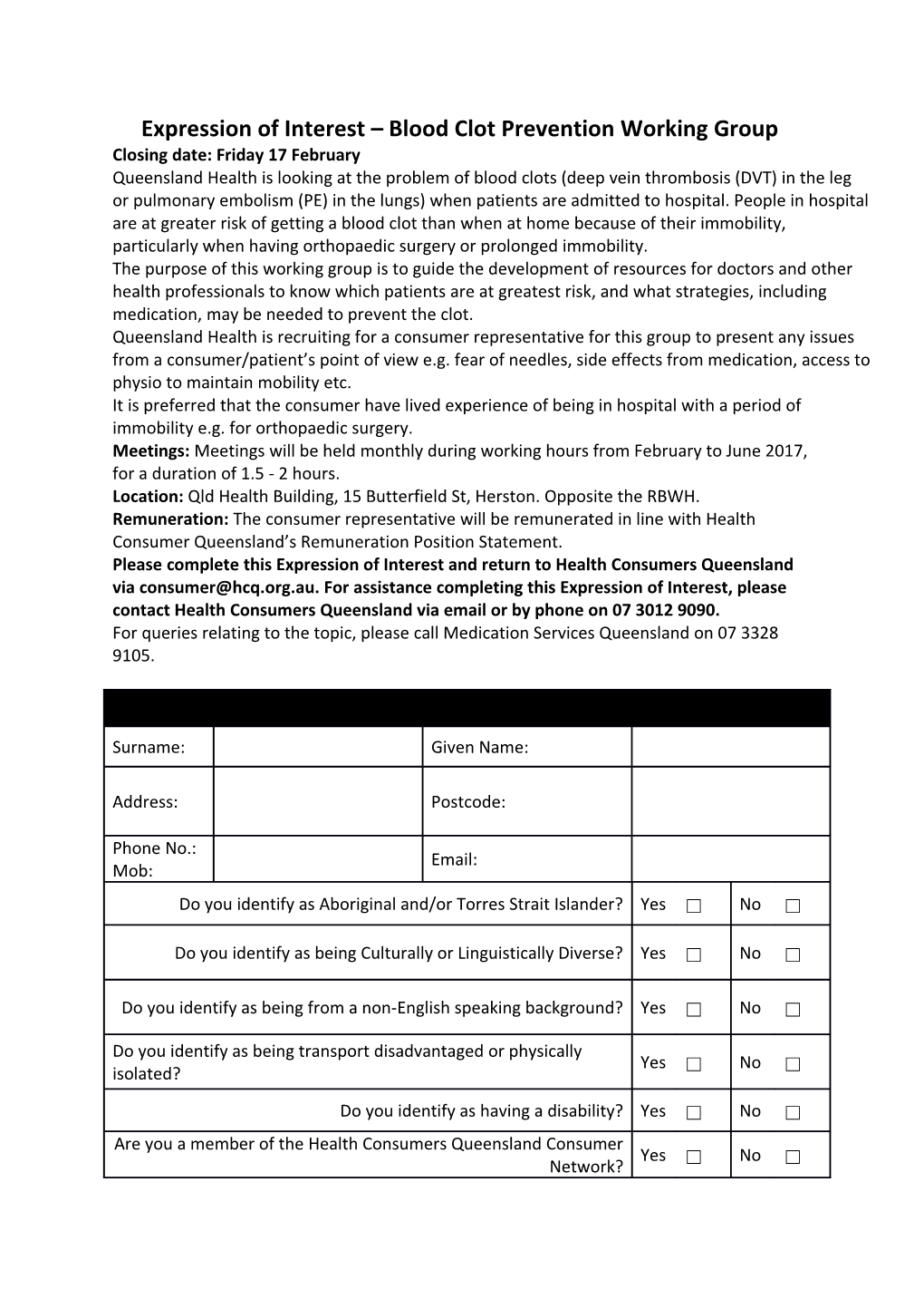 Expression of Interest Blood Clot Prevention Working Group