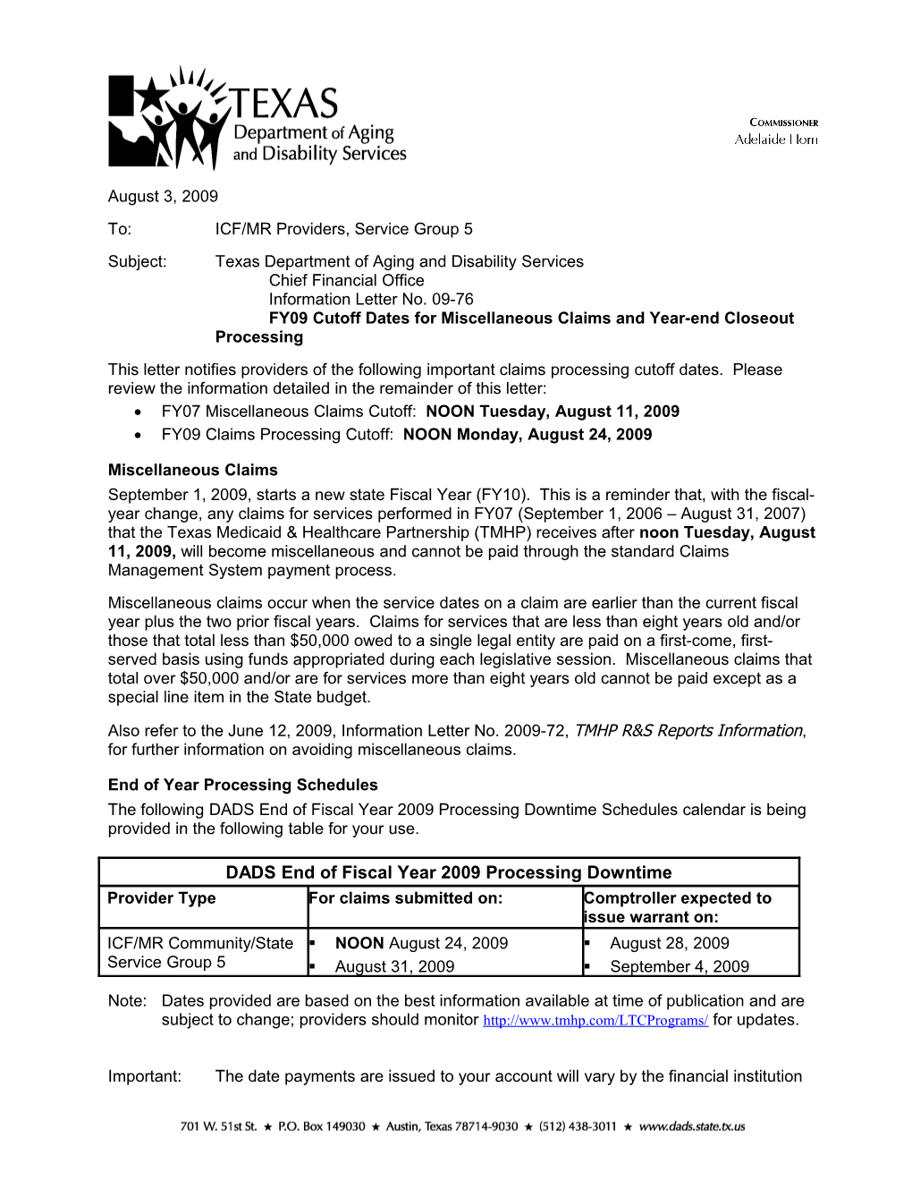 IL 09-076 FY09 Cutoff Dates for Miscellaneous Claims and Year-End Closeout Processing