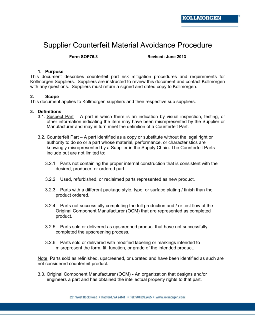 Supplier Counterfeit Material Avoidance Procedure