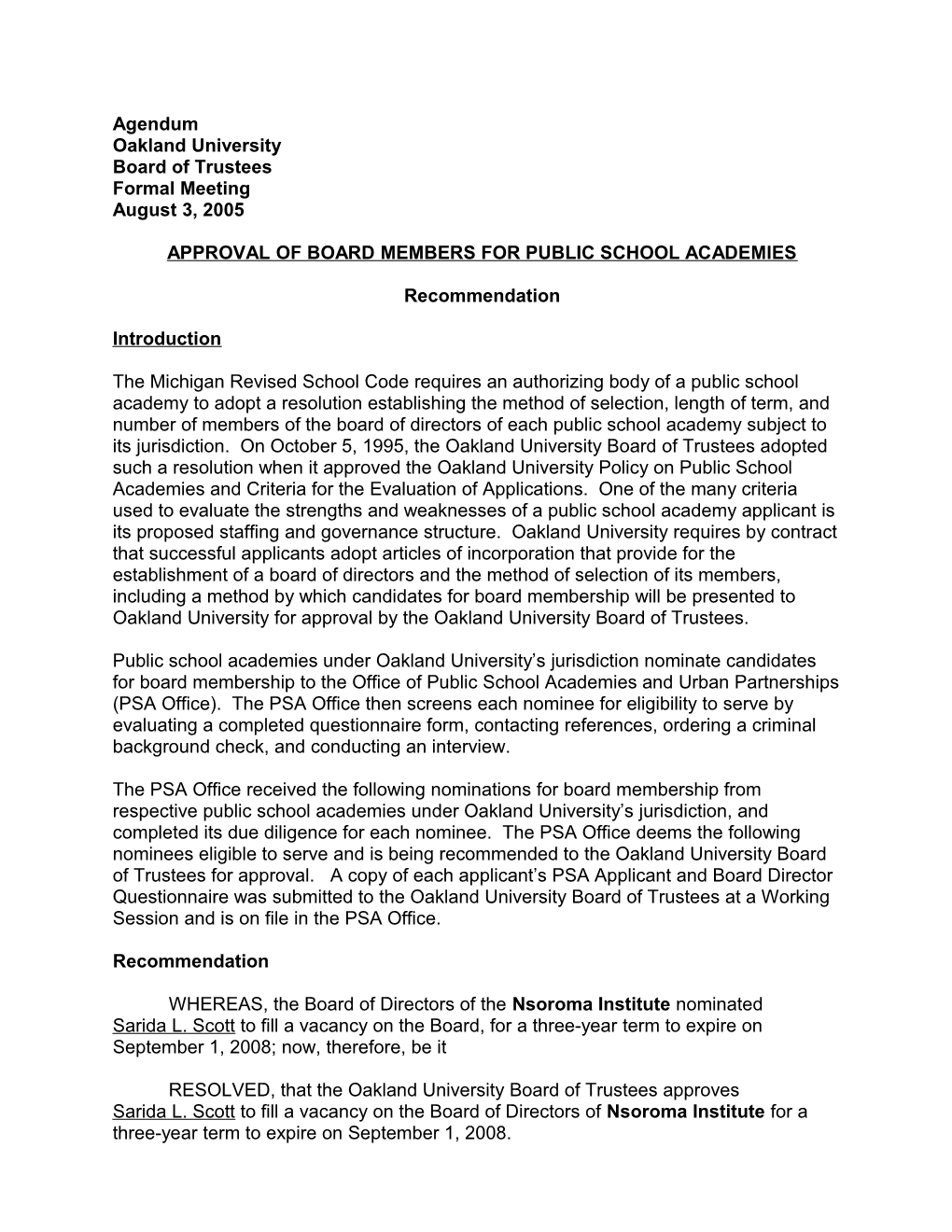 Approval of Board Members for Public School Academies